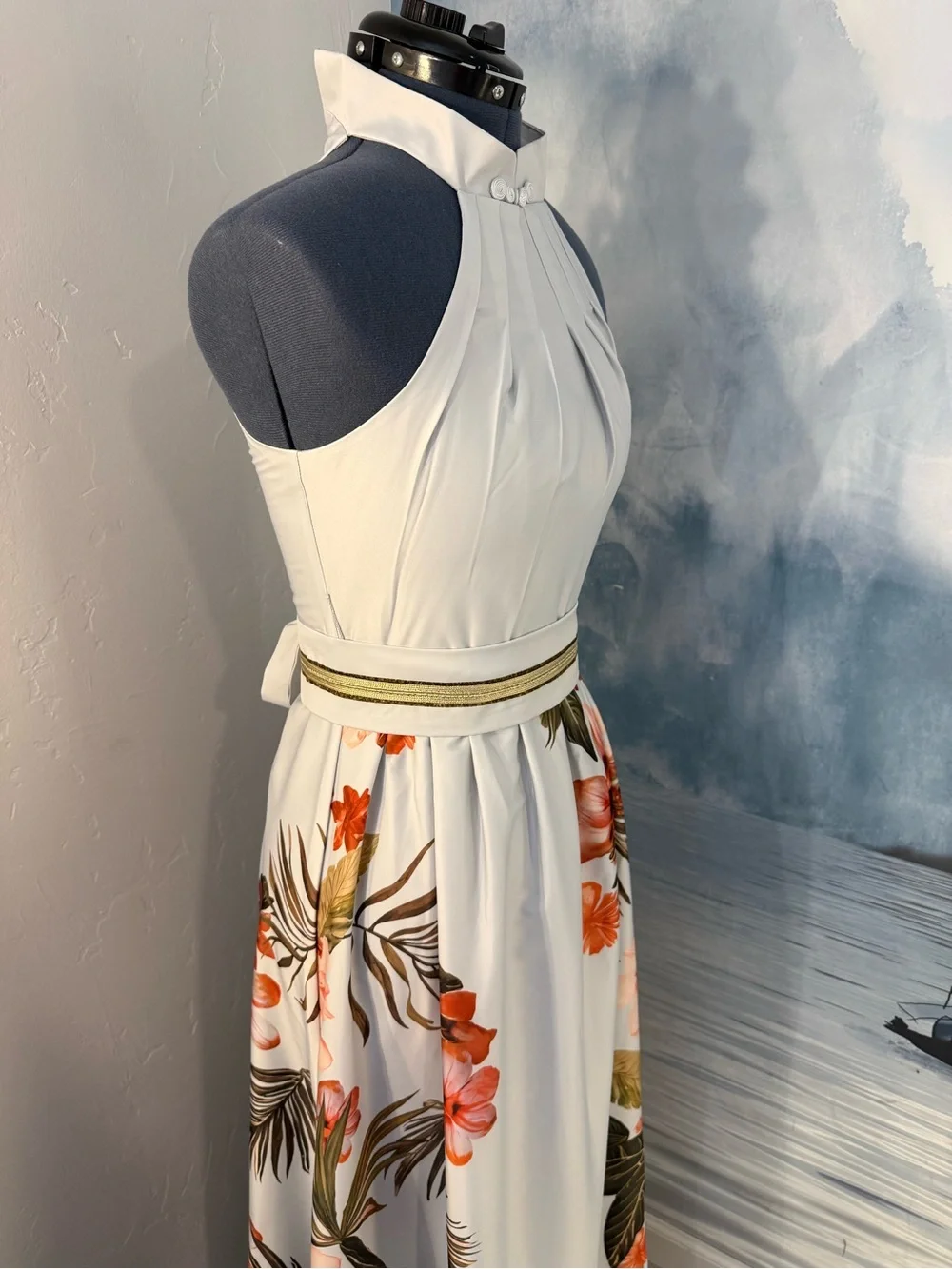 White Halter Maxi Skirt with Tropical Floral Print#351
